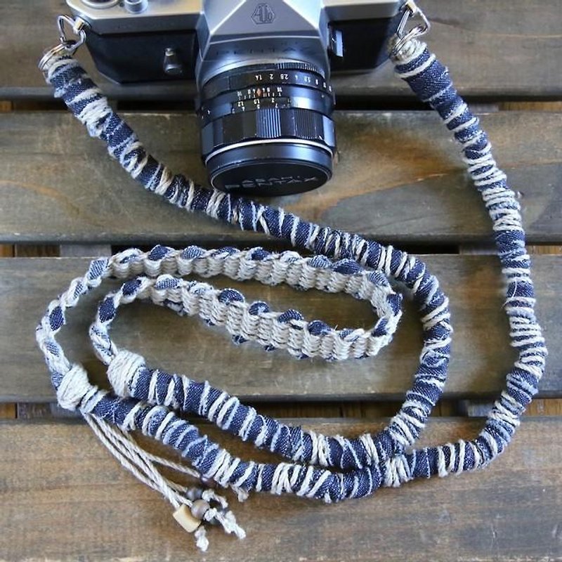 相机背帯/デニム裂き布麻紐ヘンプカメラストラップ/2重リング/カスタム可能なギフト - 相机背带/脚架 - 棉．麻 蓝色