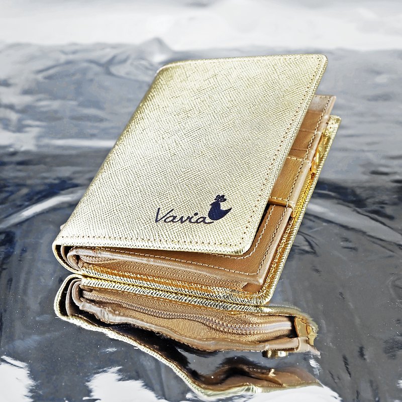 " GOLD " Pocket Book Short Wallet / Cow Leather - 皮夹/钱包 - 真皮 金色