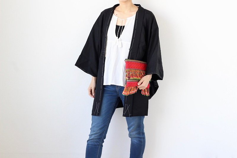 Octagon motif kimono, black haori, Japanese kimono, versatile jacket /3204 - 女装休闲/机能外套 - 丝．绢 黑色
