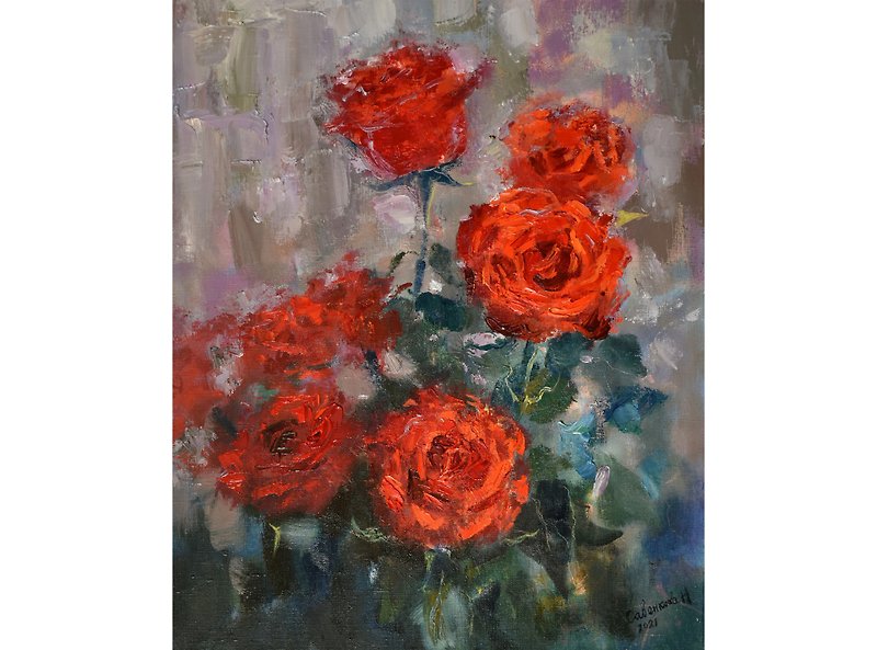 Roses Painting Red Flowers Artwork Floral Canvas Original Art Impressionism 油畫原作 - 海报/装饰画/版画 - 其他材质 