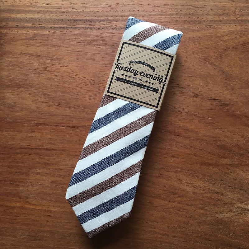 Neck Tie White Red Blue Stripe - 领带/领带夹 - 棉．麻 多色