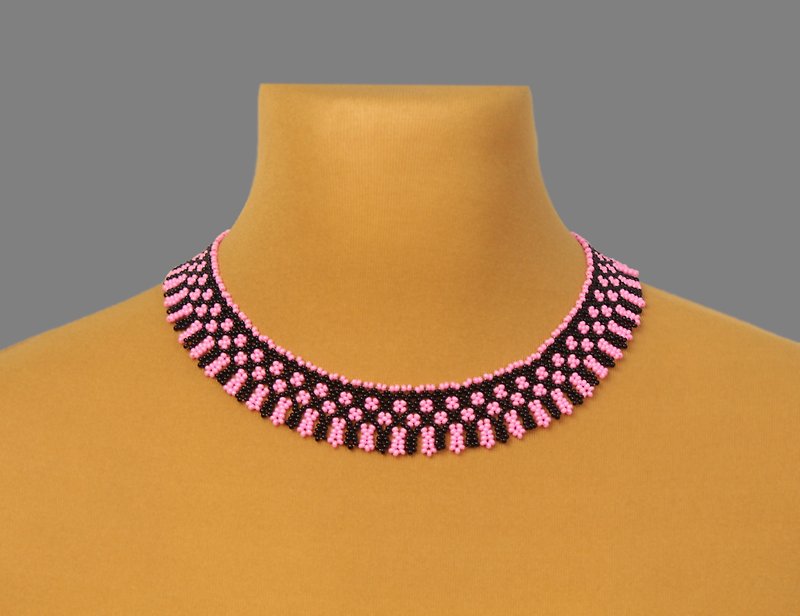 粉红色和黑色项链，种子珠项链可爱的女式首饰 - 锁骨链 - 玻璃 粉红色