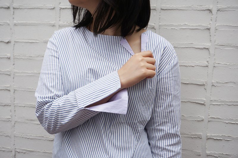 Stripes Bicolor Japanese Cotton Long-sleeved Boxy Shirt - 女装上衣 - 棉．麻 蓝色