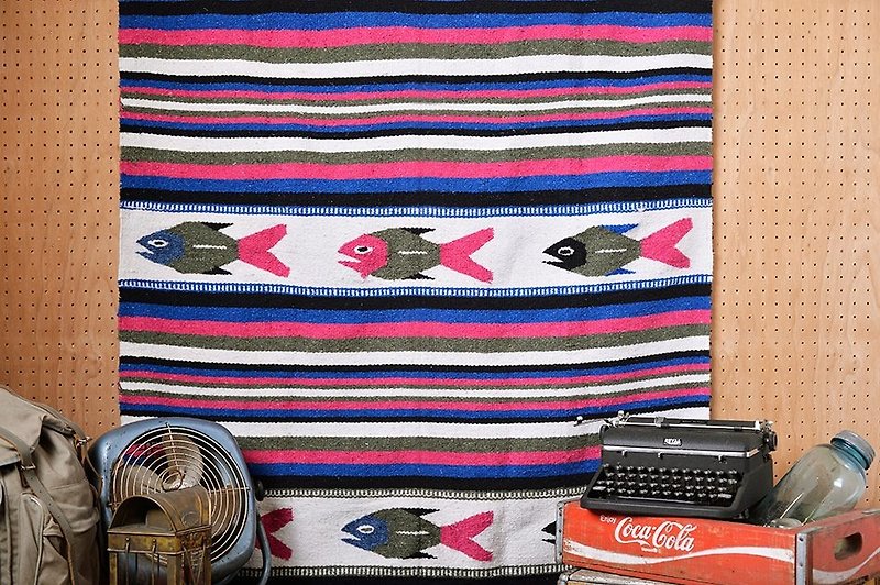Vintage 墨西哥手工编织毯-彩色鱼图腾 - 被子/毛毯 - 棉．麻 多色