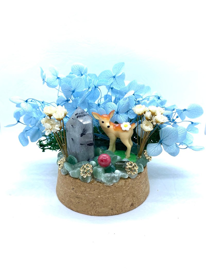 淡蓝花园-小鹿与黑碧玺电气石-手工玻璃罩公仔/水晶/干燥花摆设 - 摆饰 - 水晶 