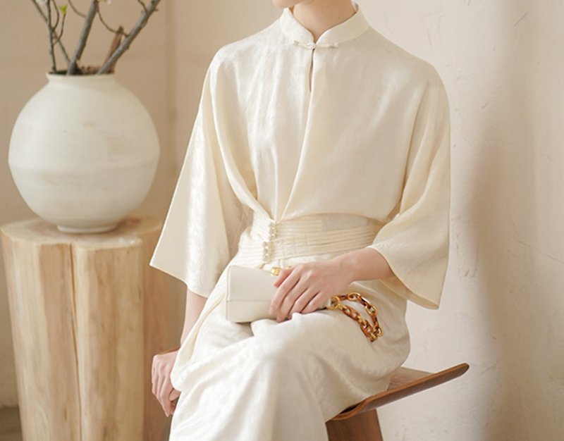 中式改良旗袍 水滴立領腰封 中國風洋裝 - 洋装/连衣裙 - 丝．绢 白色