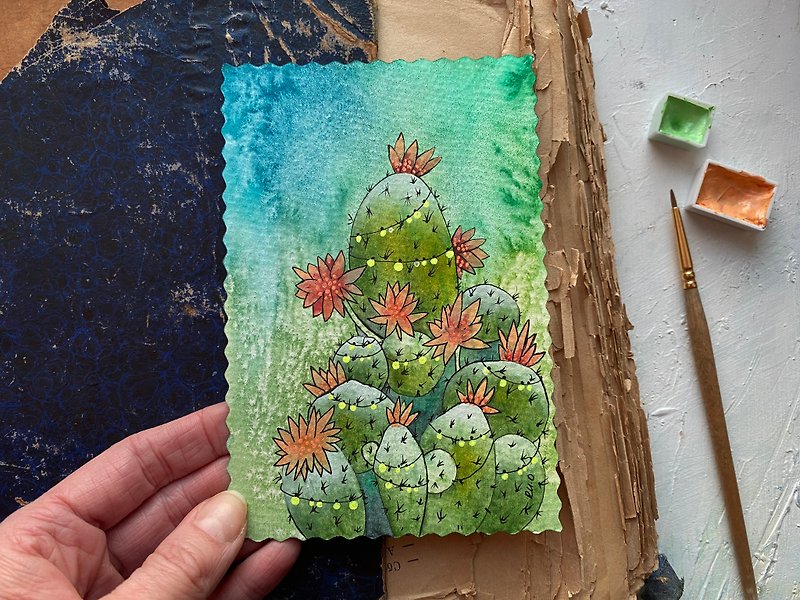 Cactus painting Handmade art Original watercolor Flowers Miniature artwork - 海报/装饰画/版画 - 纸 多色
