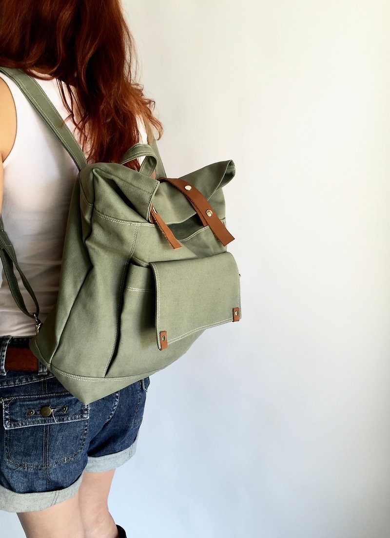 旅行背包 亲子后背包  笔电包 大容量背包-艾莉森no.105橄榄绿 - 后背包/双肩包 - 棉．麻 绿色