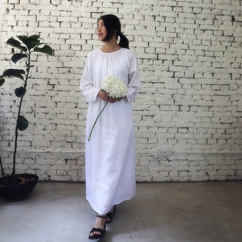 【掷布为衣 清欢】白色亚麻刺绣长裙 原创设计 - 洋装/连衣裙 - 棉．麻 白色