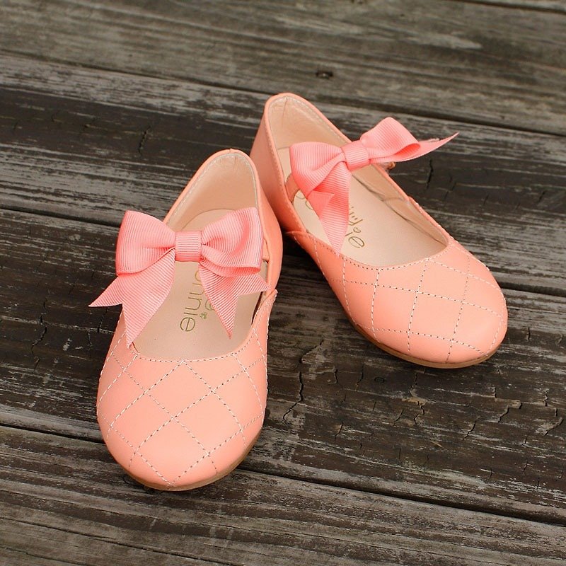 台湾制 小香风菱格纹女童娃娃鞋-甜粉桔 - 童装鞋 - 真皮 粉红色