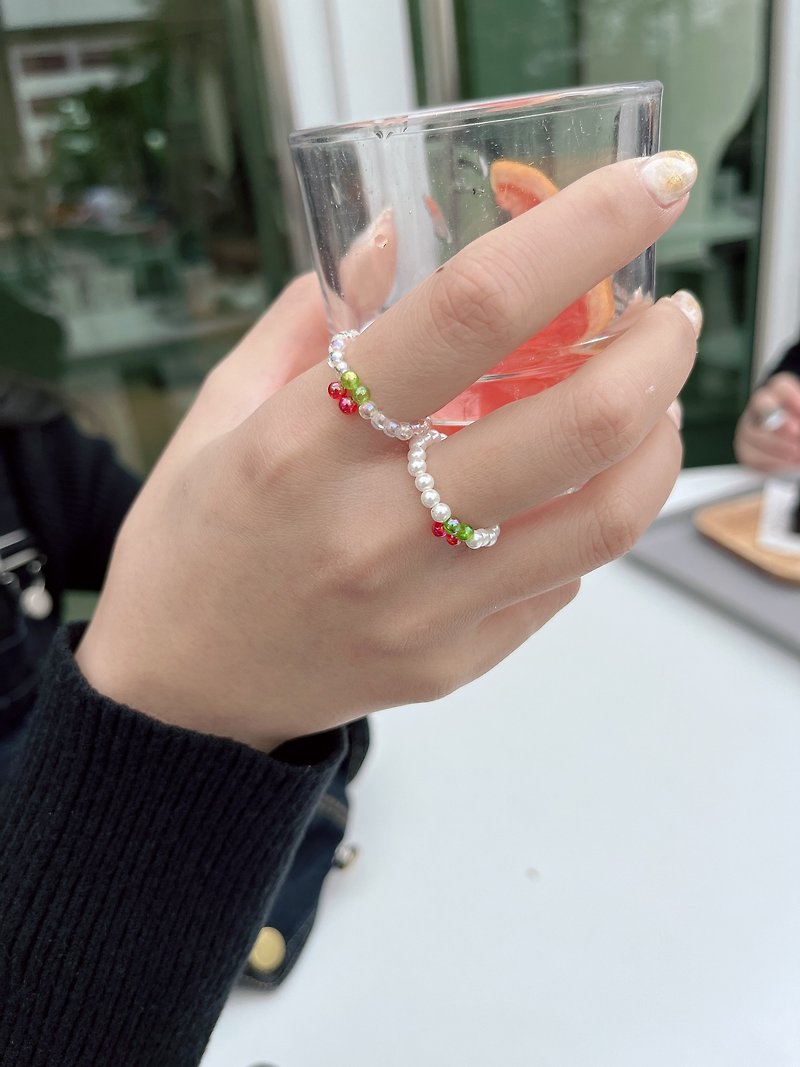 水果系列-樱桃牛奶和樱桃果汁/贝壳珠or日本透明珠 - 戒指 - 贝壳 红色