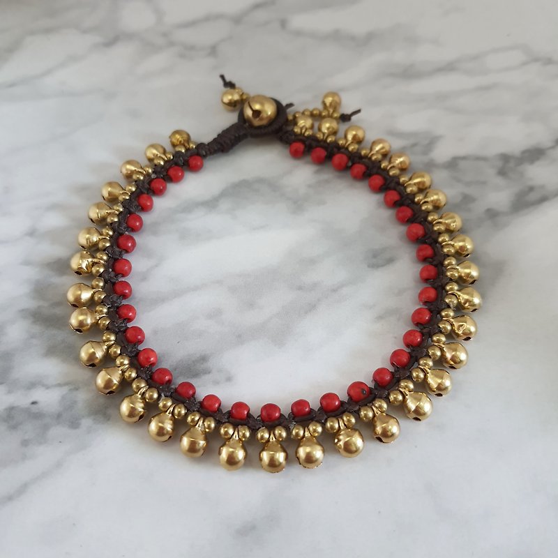 Red Coral Boho Brass Bells Ankle Bracelet, Gypsy Foot Jewelry Wearing Beautiful - 脚链/脚环 - 棉．麻 红色