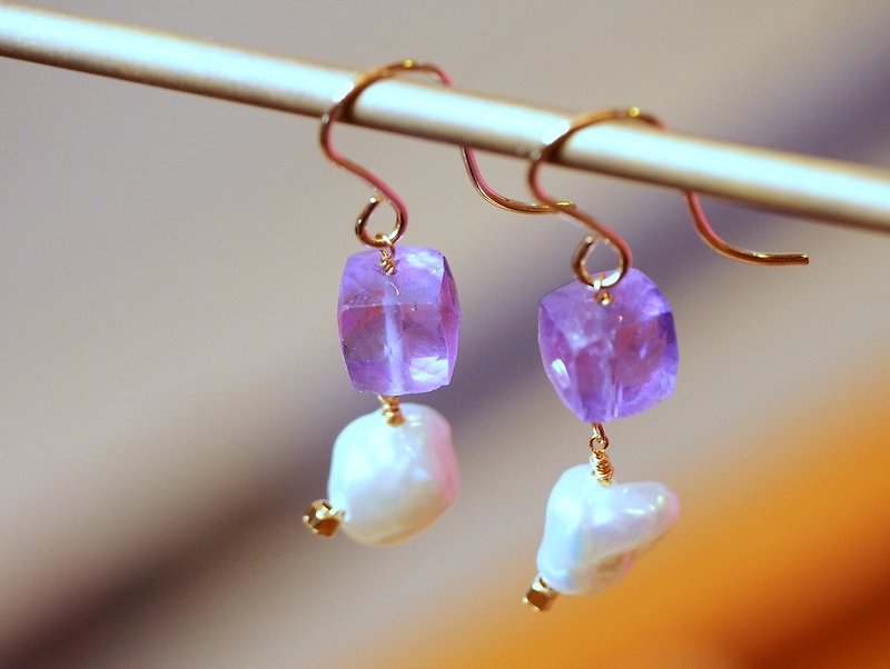 天然紫水晶 珍珠 14KGF耳环 Amethyst Freshwater Pearl - 耳环/耳夹 - 半宝石 紫色