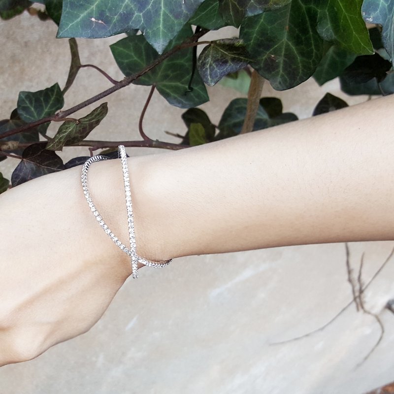 Crossed   Czech Stone silver adjustable bangle  Double bangle - 手链/手环 - 银 银色