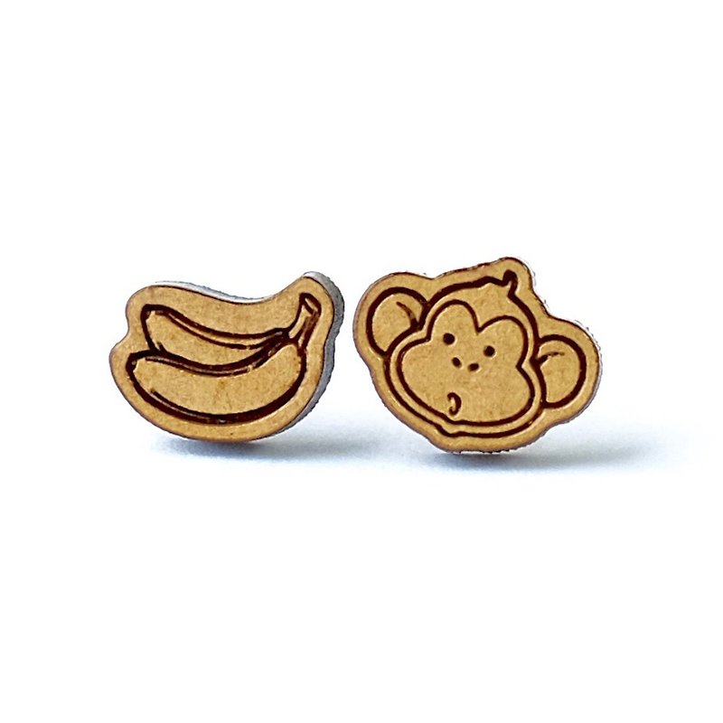 素色木耳环-小猴子&香蕉 - 耳环/耳夹 - 木头 咖啡色