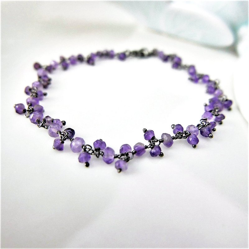 || 2月诞生石 ||  紫水晶黑灰 925纯银诞生石细手链(XS福利) - 手链/手环 - 宝石 紫色