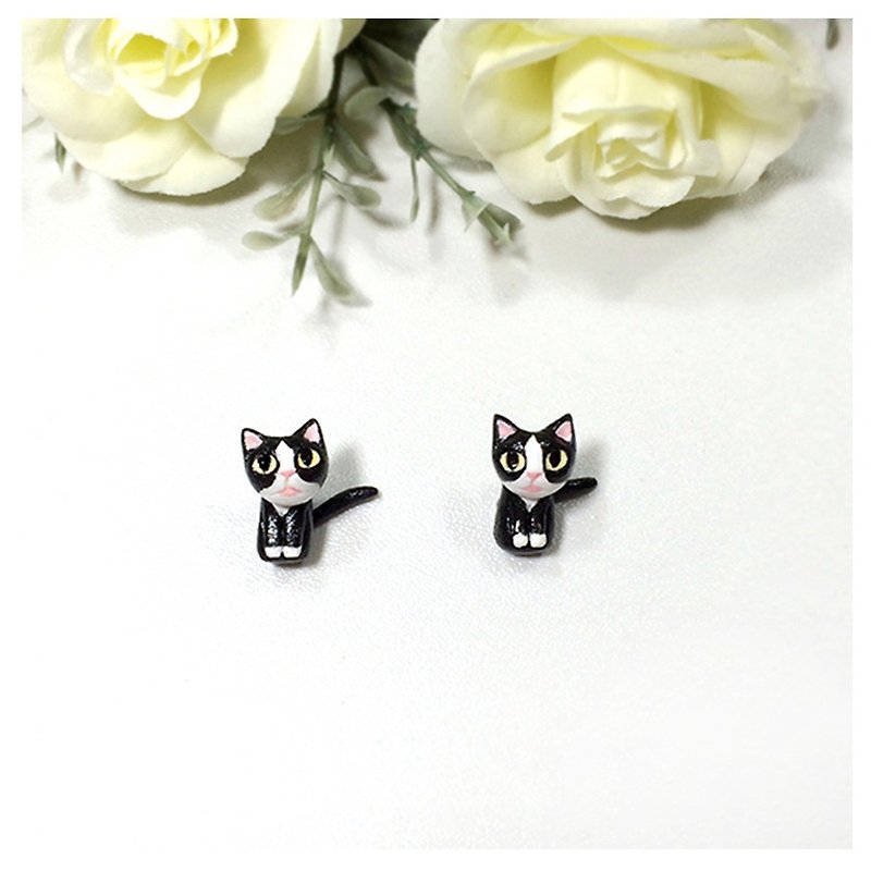 Tuxedo Cat Earrings, Gauge & Plug Earrings, Two Piece Earrings - 耳环/耳夹 - 粘土 黑色