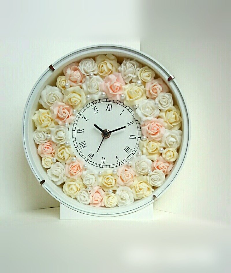 花時計 丸型(ホワイト) ナチュラルなバラ(ミックス) - 时钟/闹钟 - 木头 粉红色