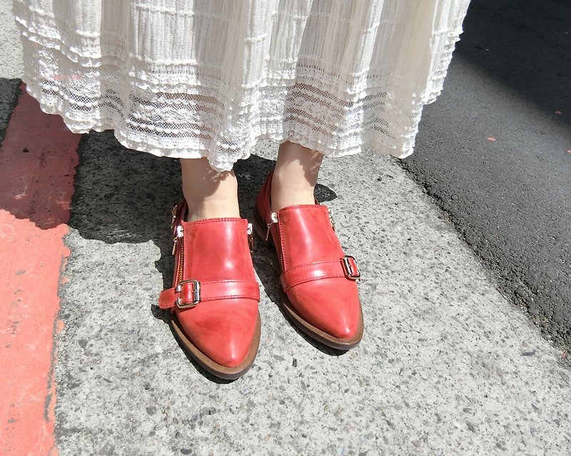 拉链孟克鞋 ||夏日音乐季脸红红 晒伤红|| #8102 - 女款牛津鞋/乐福鞋 - 真皮 红色
