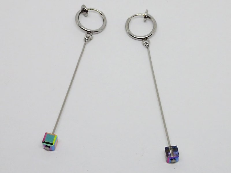 方形珠,施华洛世奇元素 & 不锈钢 耳圈夹 耳环 (一对) - 耳环/耳夹 - 玻璃 多色