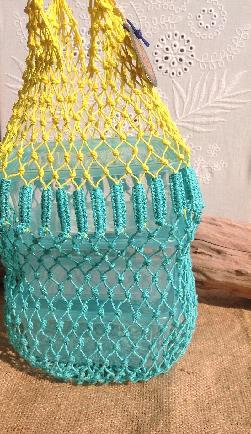美国麻线手工编织环保-花边-土耳其蓝和铭黄色-便当盒-水果-杂货 - 随行杯提袋/水壶袋 - 棉．麻 