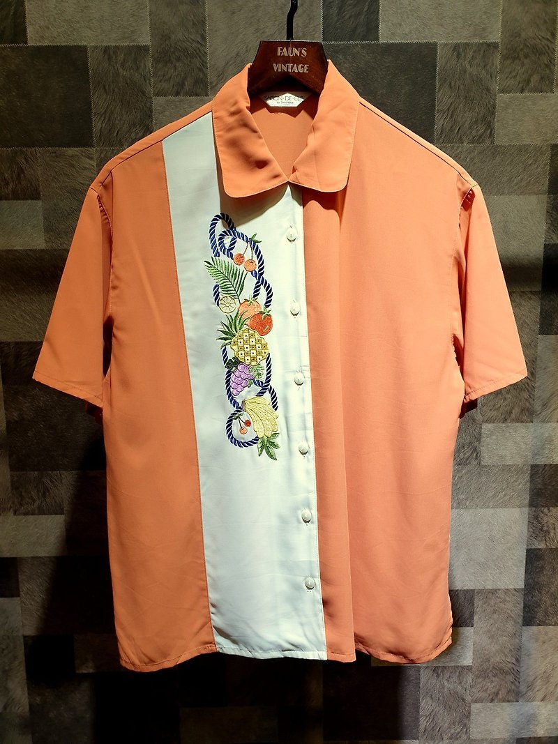 小龟葛葛-热带水果刺绣阿啰哈粉橘色衬衫 - 男装衬衫 - 聚酯纤维 