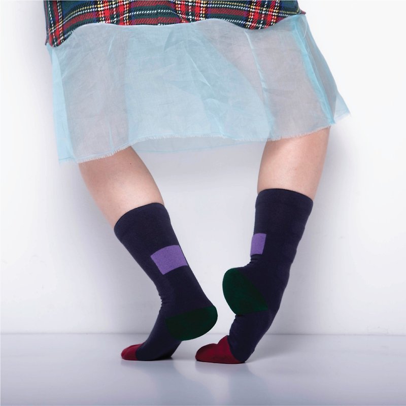 内在美系列 - 想 深蓝色 双面中筒袜 Reversible Socks - 袜子 - 棉．麻 蓝色