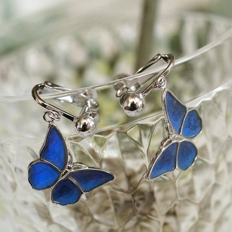 モルフォ蝶の小さなイヤリング SILVER - 耳环/耳夹 - 其他金属 蓝色