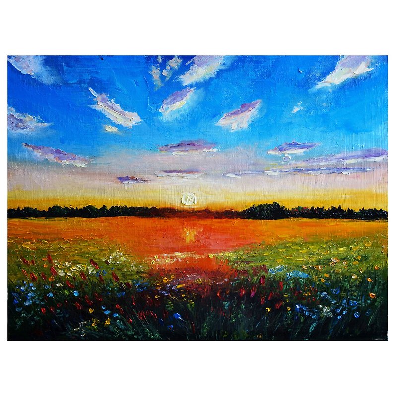 Wildflower Oil Painting Original Art Landscape Artwork Sunset Canvas Art Impasto - 海报/装饰画/版画 - 颜料 多色