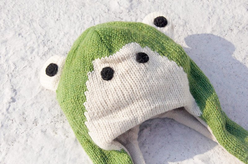 圣诞礼物 手织纯羊毛围巾 / 针织围巾 / 动物造型围巾 / 内刷毛手织围巾 -青蛙动物 手套 围巾 毛帽 三合一设计 - 丝巾 - 羊毛 绿色