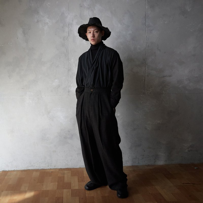 羊毛 中性裤装 黑色 - Karma / 毛料落地宽裤 55% Wool+45% Linen