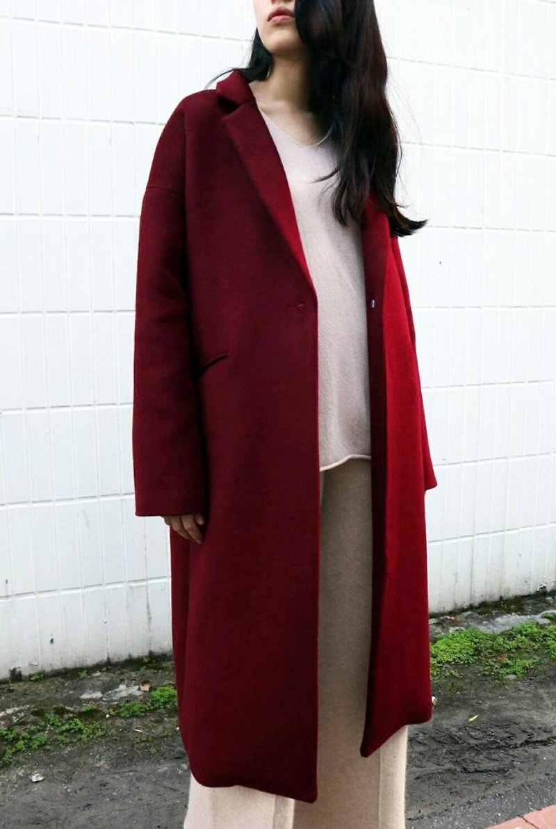 酒红单扣喀什米尔羊毛大衣(可订做其他颜色) - 女装休闲/机能外套 - 羊毛 