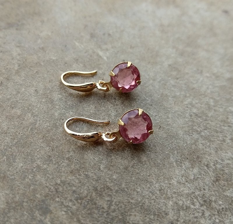 蜜桃粉红色玻璃耳环 - 耳环/耳夹 - 其他金属 粉红色
