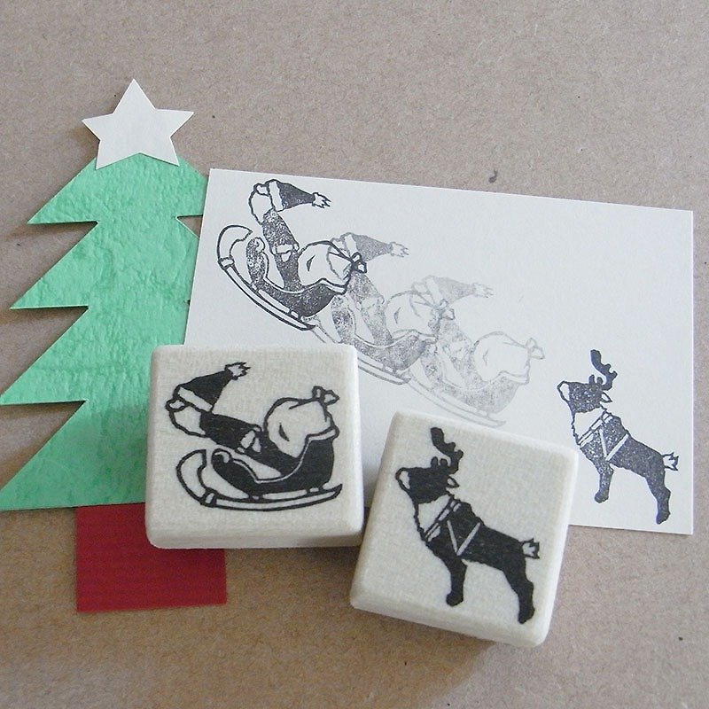 クリスマスはんこ　滑空するサンタとトナカイ - 印章/印台 - 橡胶 卡其色