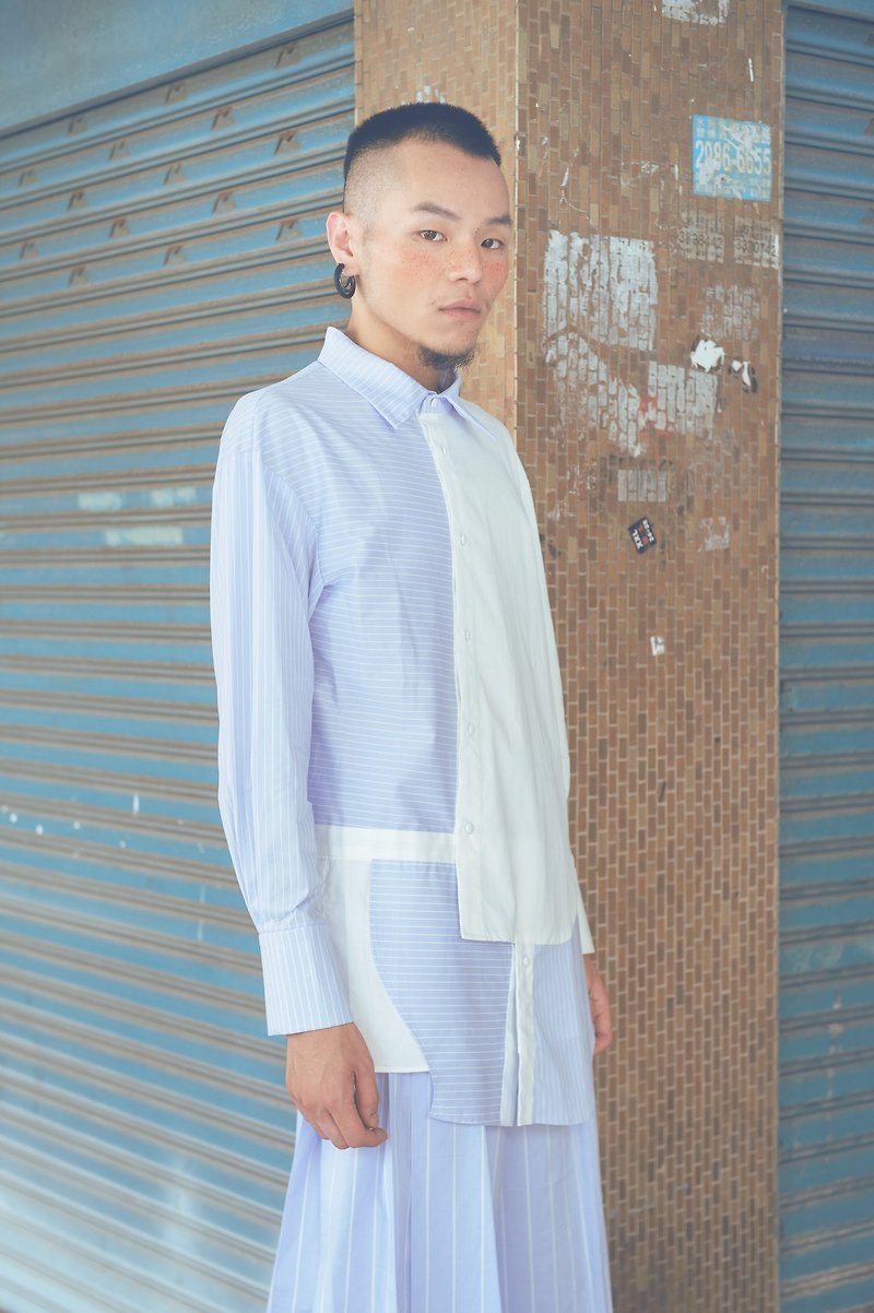 条纹解构不对称衬衫(191T05) - 男装衬衫 - 棉．麻 蓝色