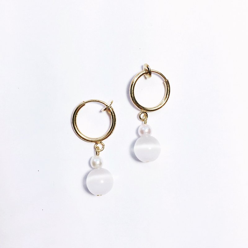 猫眼石汤圆 针夹式耳环 - 耳环/耳夹 - 宝石 白色