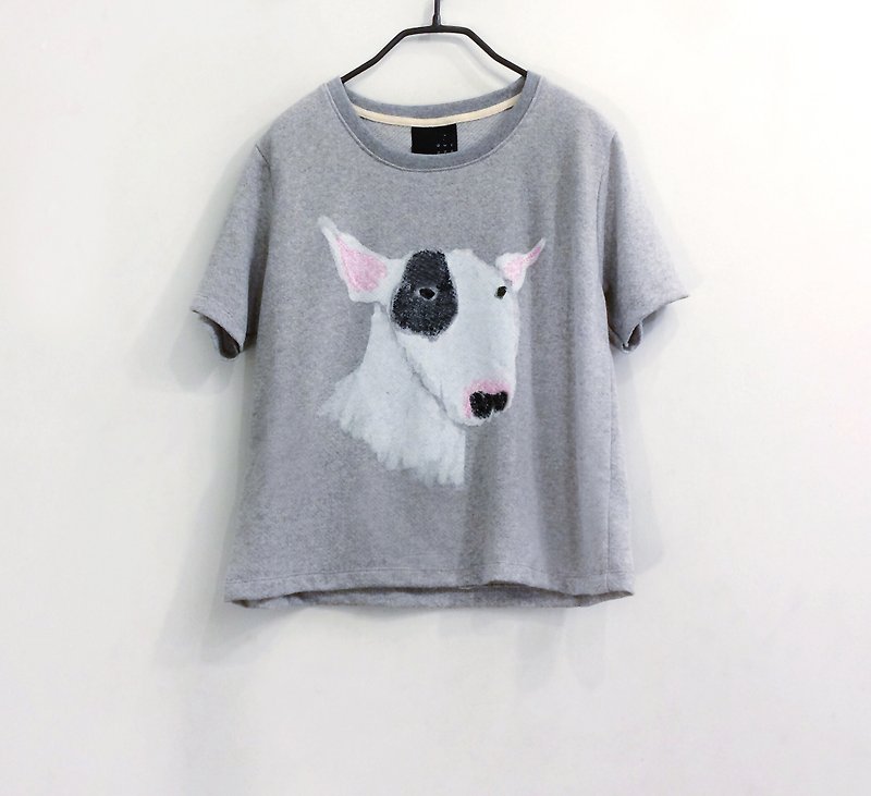 bull terrier : short sleeve crop top - 女装 T 恤 - 棉．麻 灰色