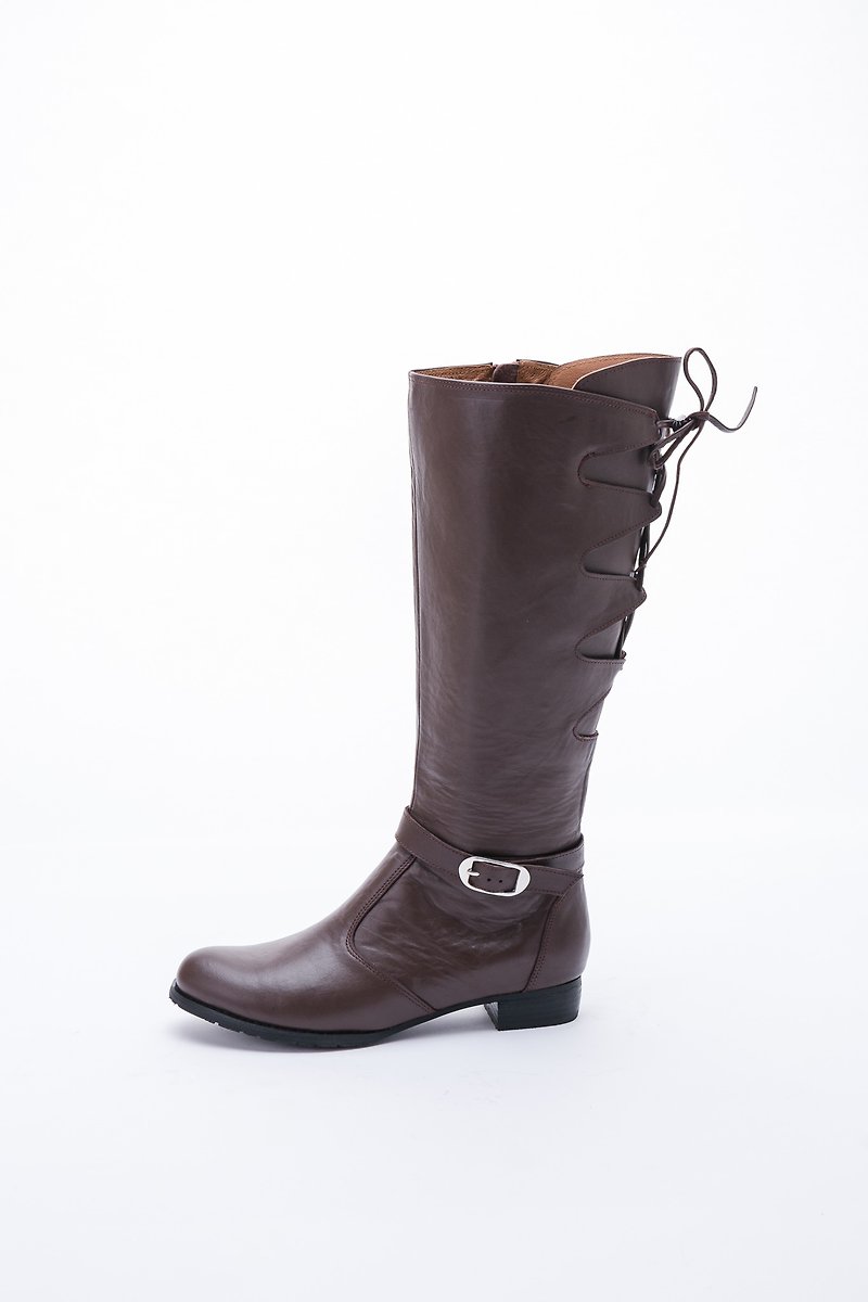 大码长靴41-46 台湾制造真皮可调整筒围平底长靴2.5cm 咖啡色 - 女款长靴 - 真皮 咖啡色