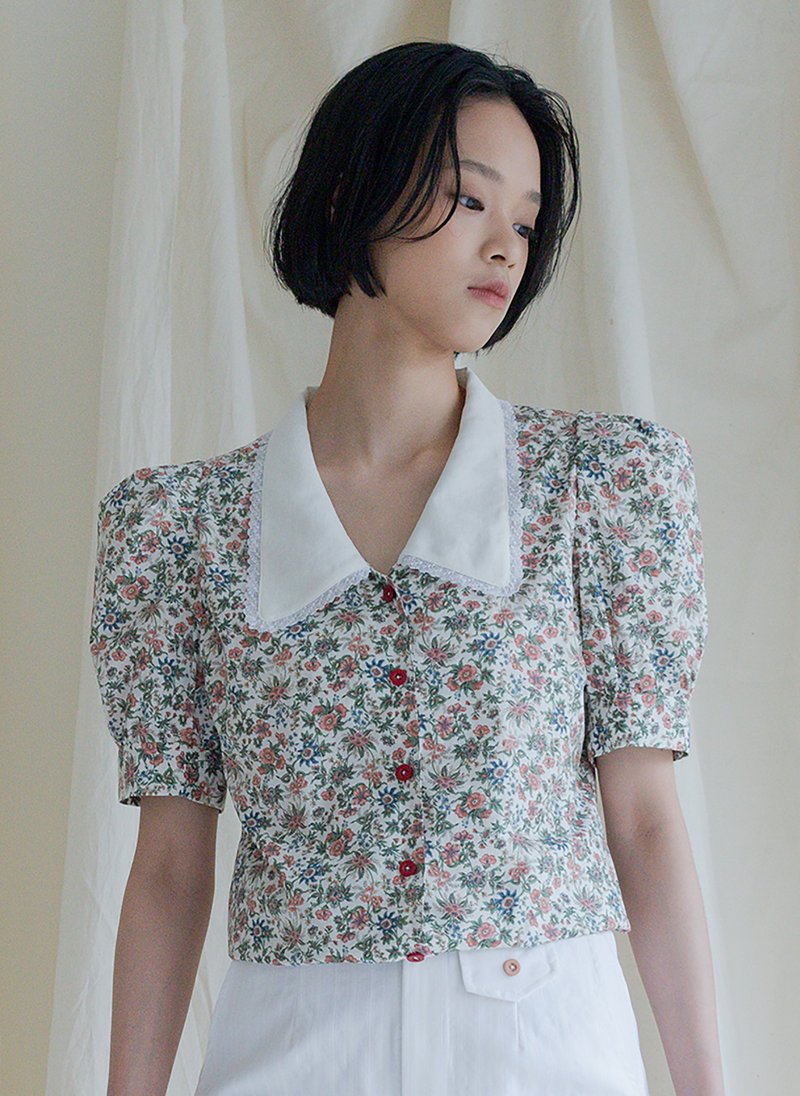 Tiffany Blouse 澎袖蕾丝领上衣 春粉草绿 - 女装衬衫 - 棉．麻 粉红色