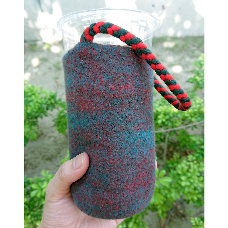 手工羊毛毡湿毡混色编织环保杯套/饮料提袋(忧) - 随行杯提袋/水壶袋 - 羊毛 多色