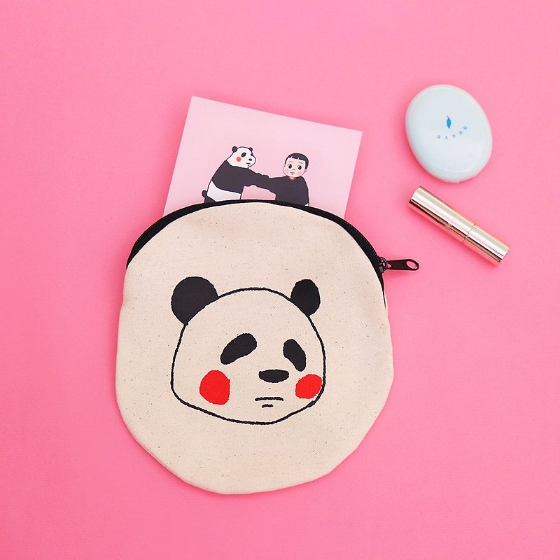 パンダ 熊猫圆圆小物包(斜背绳) / 绢版手工印刷 - 化妆包/杂物包 - 棉．麻 白色