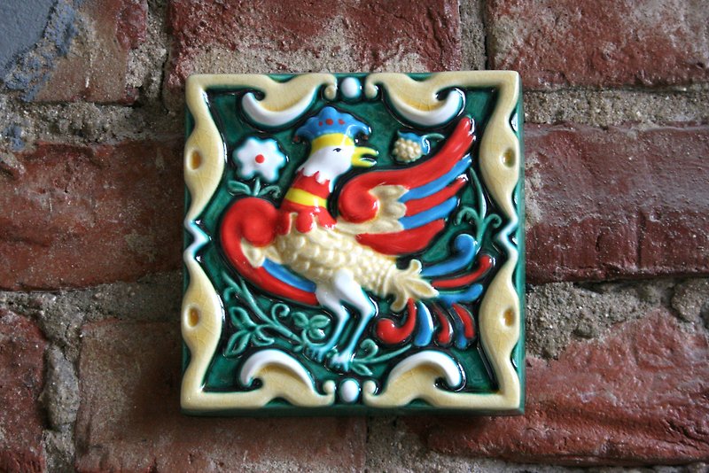 Phoenix ceramic relief tile Wall hanging bird decor Majolica firebird tile - 墙贴/壁贴 - 粘土 多色