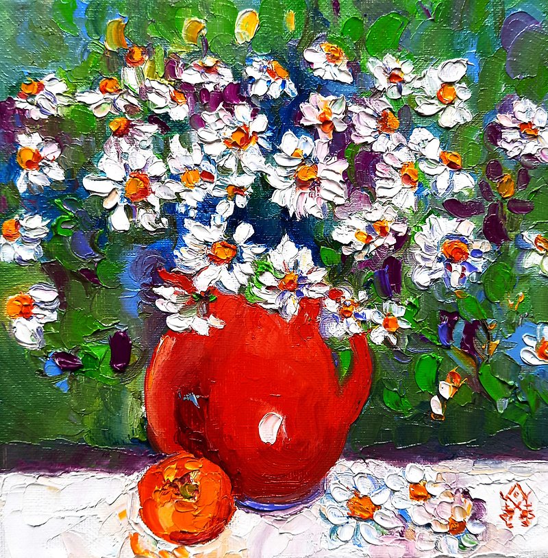 Flowers Painting Daisy Original Art Oil Painting Floral Artwork Oil On Canvas - 海报/装饰画/版画 - 其他材质 红色