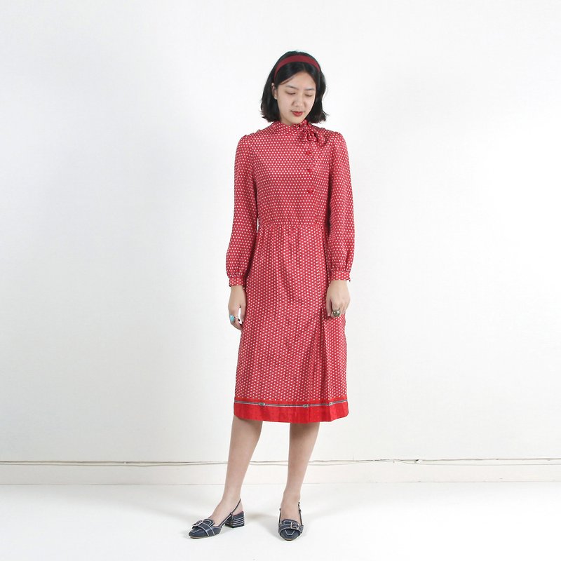 【蛋植物古着】洋红旅店印花长袖古着洋装 - 洋装/连衣裙 - 聚酯纤维 红色