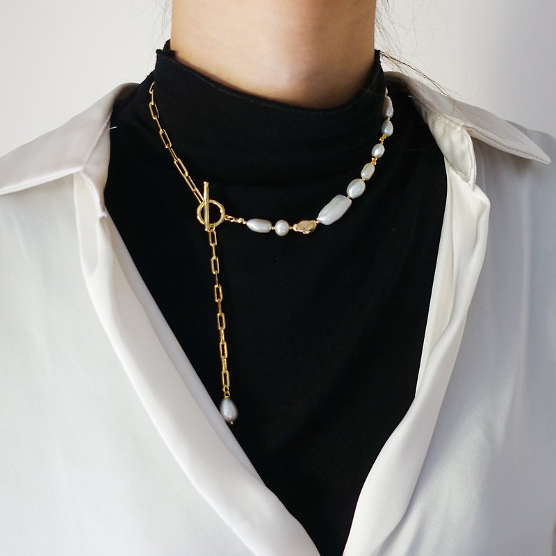 Natalie 珍珠项链/串珠项链/金属链/特别/方格链/淡水珍珠 - 项链 - 珍珠 金色