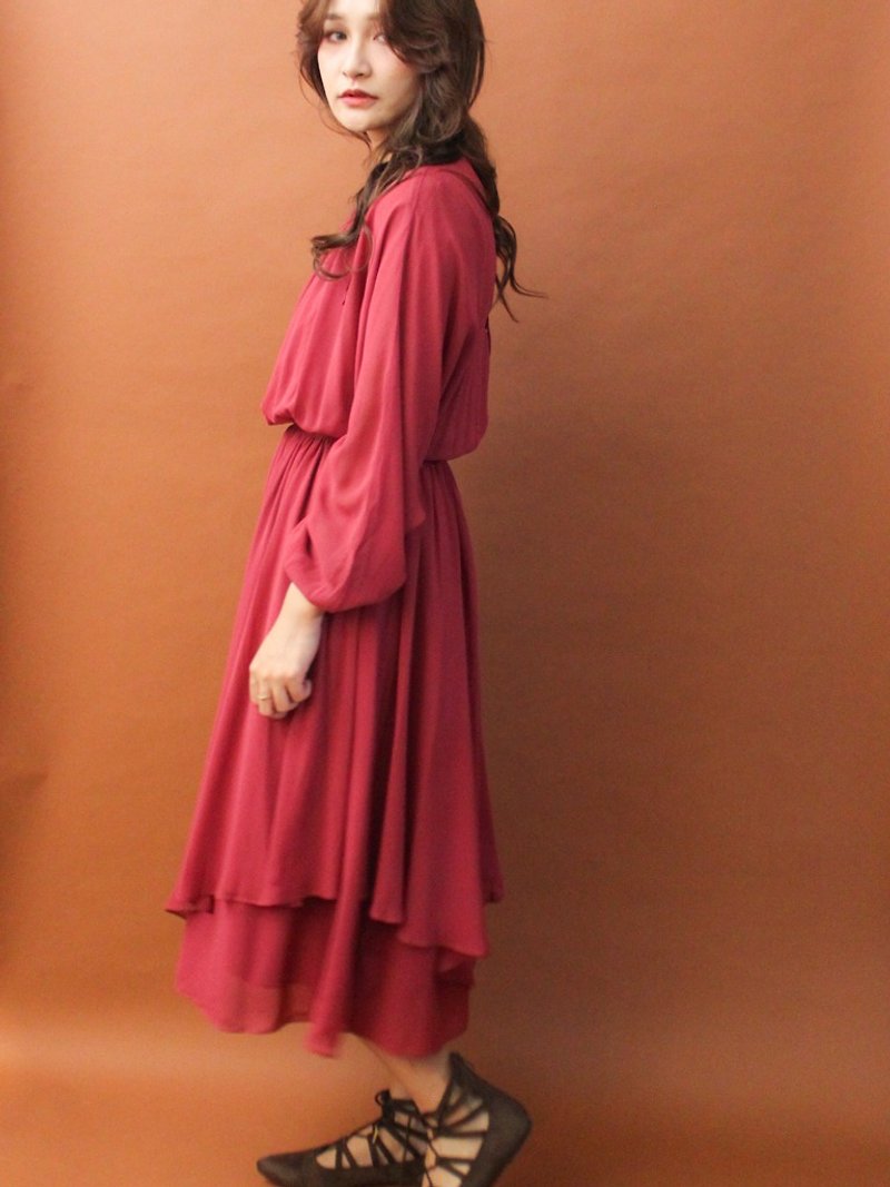 复古秋冬日本制简约朱红色两件式飞鼠袖长袖古着洋装 - 洋装/连衣裙 - 聚酯纤维 红色