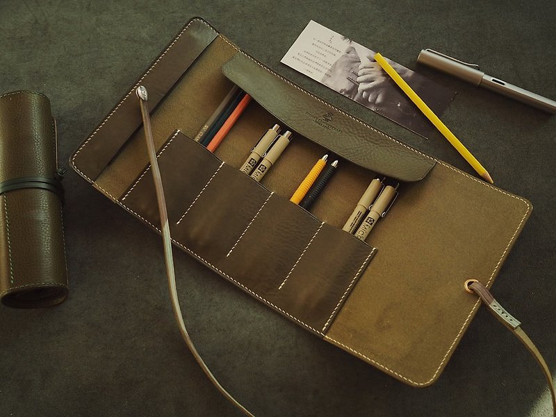 多功能笔袋绘画工具袋笔帘笔卷 纯手工牛皮 定制化刻字礼物 订制 - 铅笔盒/笔袋 - 真皮 多色