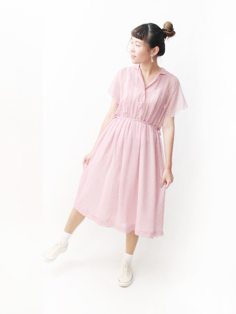 【RE1004D1396】早秋日本制复古甜美几何小点点粉色短袖古着洋装 - 洋装/连衣裙 - 聚酯纤维 粉红色