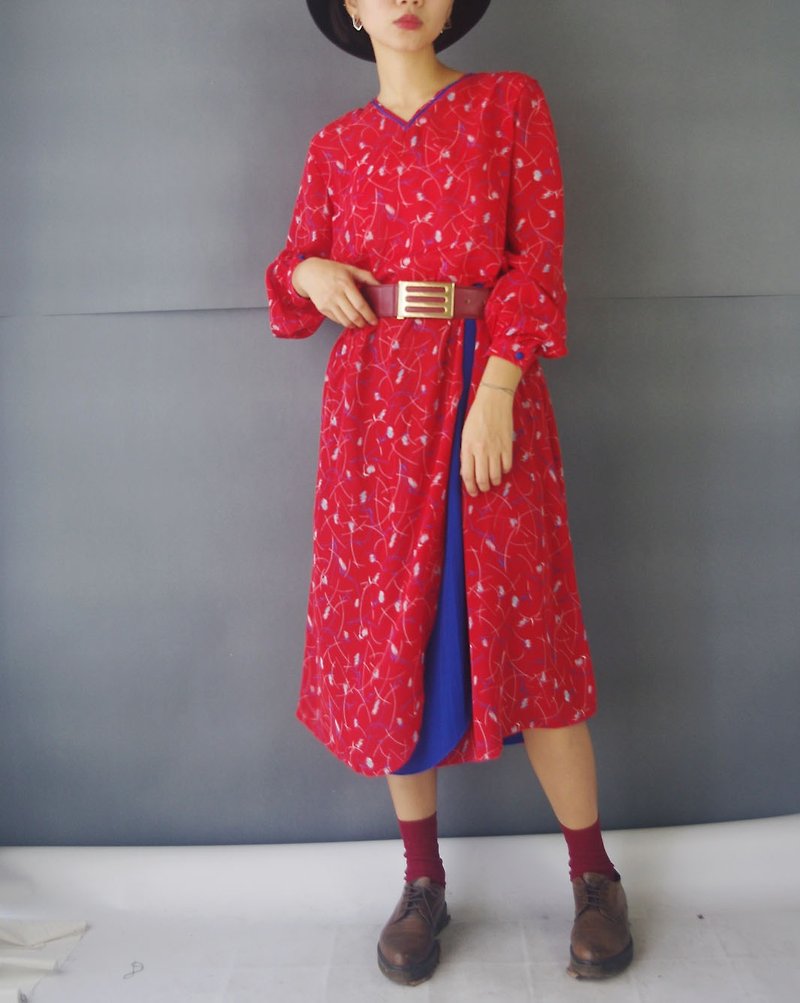 寻宝古着-红蓝配雪纺V领复古洋装 - 洋装/连衣裙 - 聚酯纤维 红色