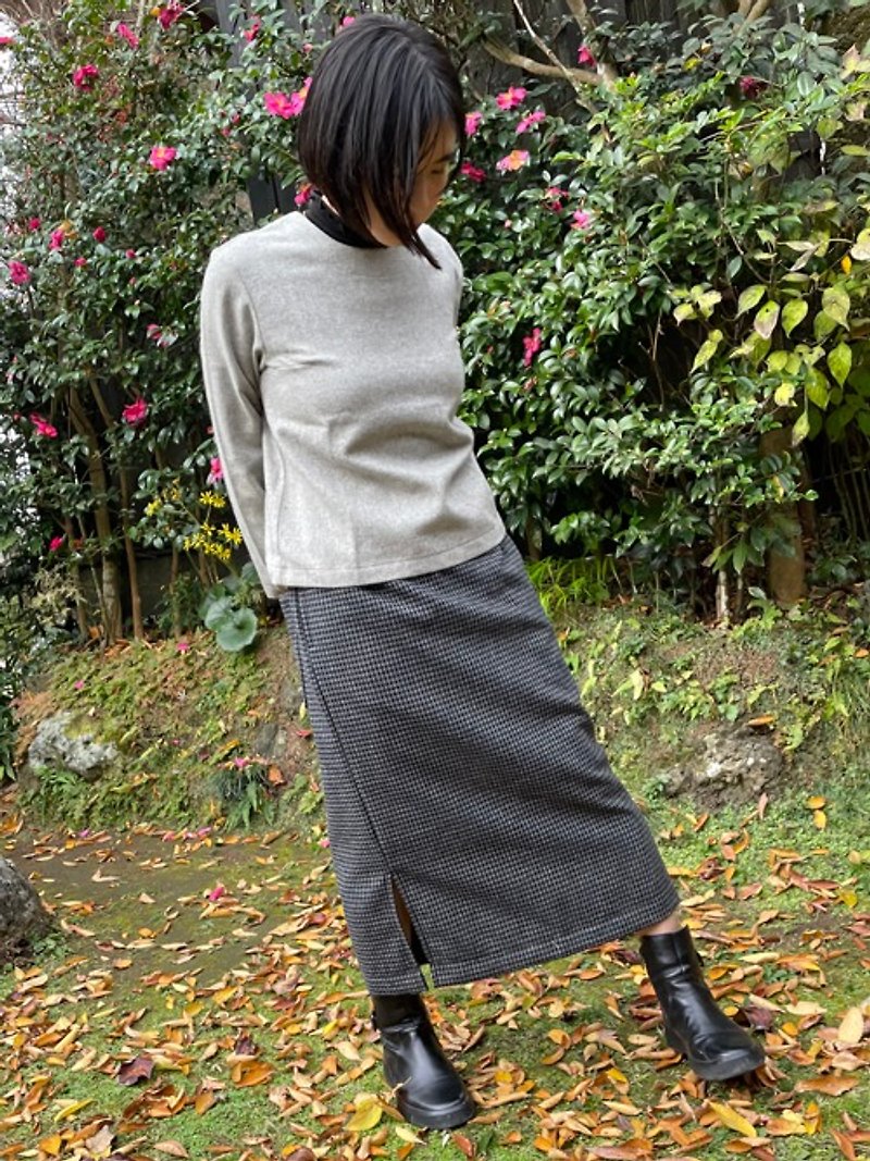 羊毛 裙子 黑色 - ハウンドトゥース織り サイドスリットスカート